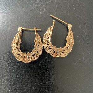Gold Vermeil 925 Sterling Silver Filigree Hoop Vintage Pierced Earrings